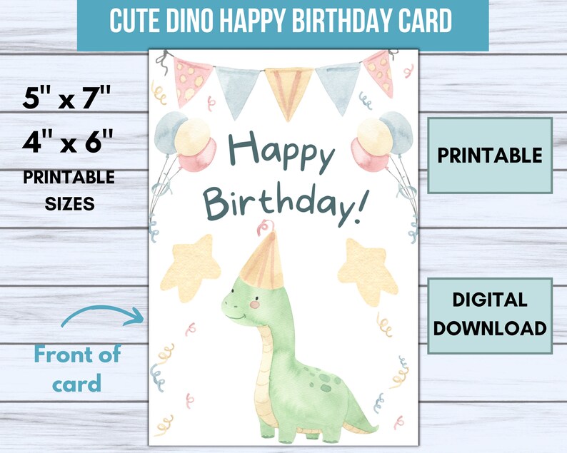 Printable Dinosaur Birthday Card, Birthday Card for Kids, Dino Birthday Card, Long Neck ...