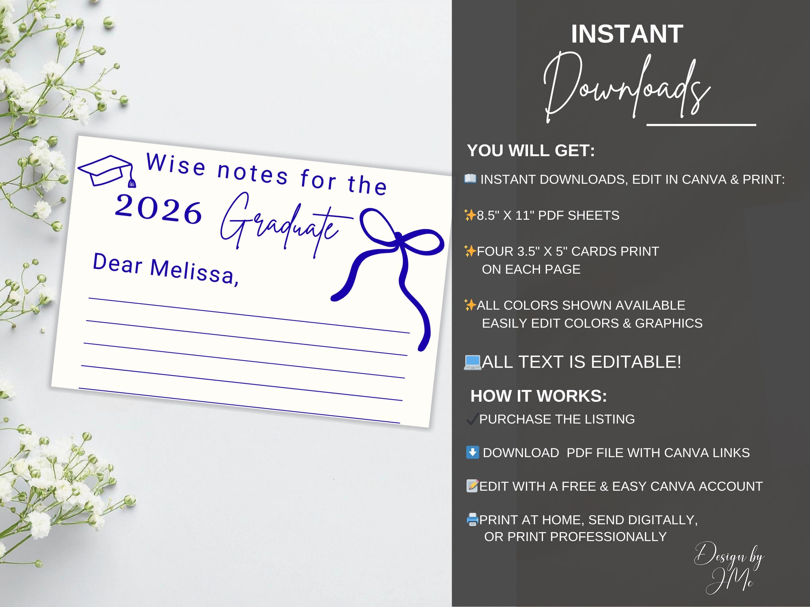 Good Graduation Note Graduation Advice Cards Printable, Editable Coquette Bow 2026 Graduate ...