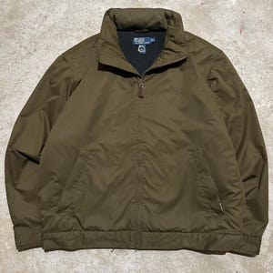 Vintage 90’s Polo Ralph Lauren Olive Green Basic Essential Fleece Lined Zip Up Harrington Jacket Men’s Size Extra Large
