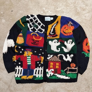 Vintage 90-tals Croft Barrow Spooky Halloween Spöke Pumpa Handstickad Kofta Storlek Medium Bus eller Treat
