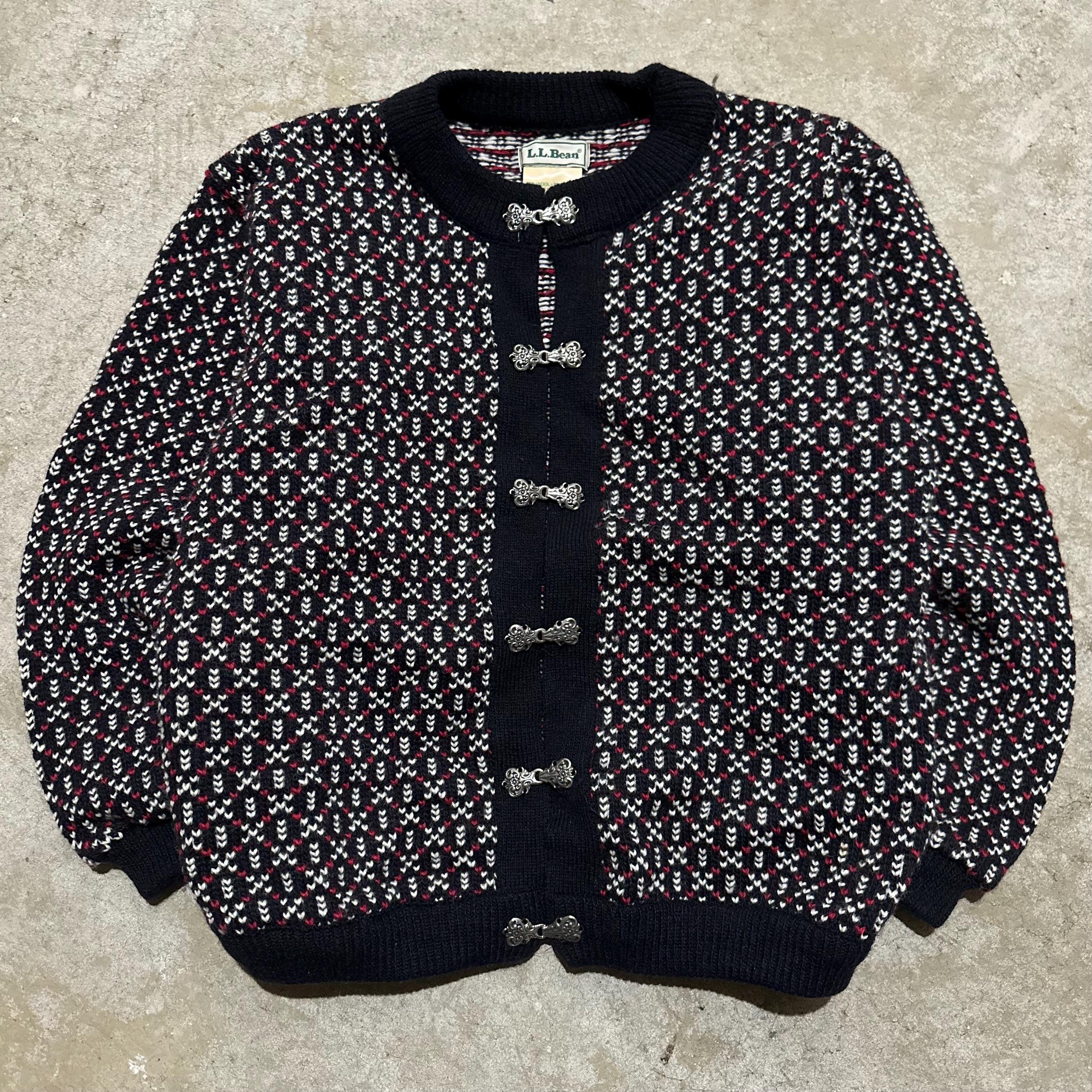 Vintage 90s Ll Bean Fair Isle Wool Cardigan: Metal Clasp Chunky Knit Birds Eye Sweater, image size:3000x3000