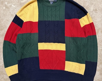 Vintage 90-tals Nautica Abstrakt Flerfärgad Patchwork Kabelstickad Fisherman Grandpa Tröja Herrstorlek Stor