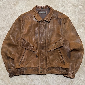 Blouson aviateur zippé vintage des années 90 Bruno Giovanni marron en cuir vieilli à empiècements délavé et patiné, taille essentielle Large 44