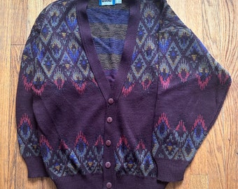 Vintage 90’s Gitano Patterned Diamond Cardigan Sweater Essential Earthtone Size L