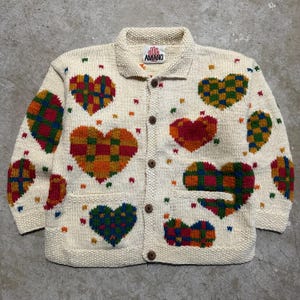90年代ヴィンテージ アマノ ハンドニット マルチカラー ハートプリント チャンキーカーディガン アイボリー ウール セーター レディース Lサイズ
