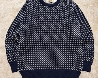 Vintage 90’s Aran Market Navy Blue Pure Wool Birds Eye Fair Isle Sweater Unisex Size Medium Made in Norway Chunky Grandpa Style Deadstock
