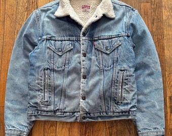 Vintage 80er Jahre Levi's Sanfrancisco Faded Distressed Denim Sherpa Jacke Größe 40R Medium