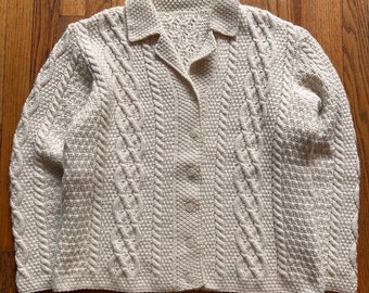 Cardigan en tricot torsadé crème à col vintage des années 90, pull boutonné, taille essentielle Large