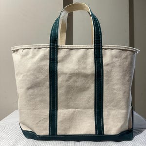 Vintage 90’s LL Bean Boat and Tote Large Zip Up Canvas Bag Cream Green Freeport Maine ‘ANN’ Big Size Essential