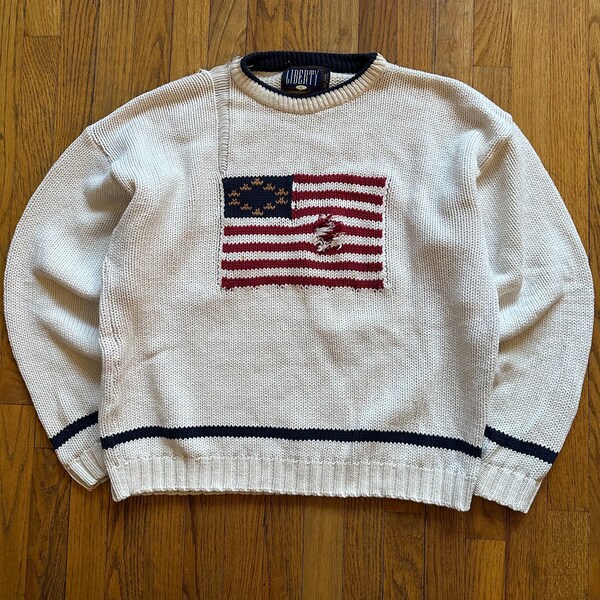Vintage 90’s Liberty American Flag Knit Sweater Distressed Size Large