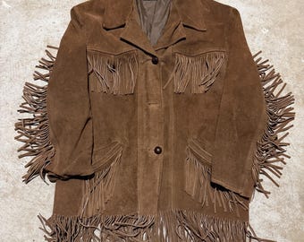 Vintage jaren 70 grals westerncowboy hippie daim leren suède franje jas damesmaat Small/Medium Made in USA