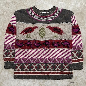 Vintage 90’s Segrents Tricot Multicolor Chunky Handknit Bird Picture Floral Wool Sweater Unisex Size Large Flower Grandma Fashion