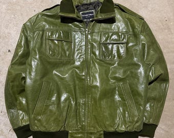 Vintage jaren 90 Leather Company Limited Edition avacadogroen leren bomberjack, uniseks maat extra groot