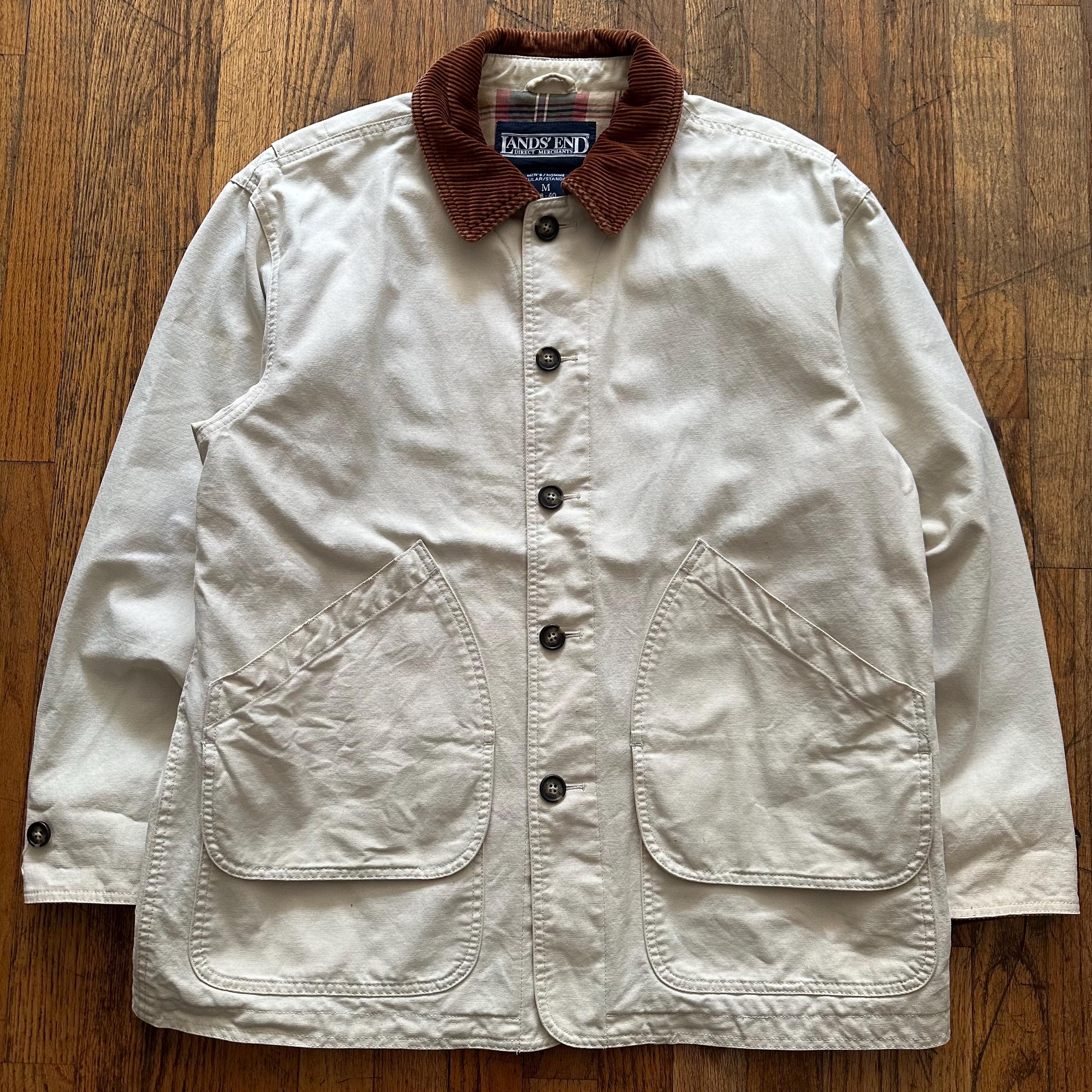 Vintage 90's Land's End Cream Beige Flannel Lined Barn Chore Coat