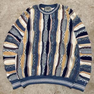 Vintage 90’s Idea Uomo Tricot Multicolor Chunky 3D Knit Coogi Style Abstract Patterned Geometric Designer Sweater Size Large Streetwear