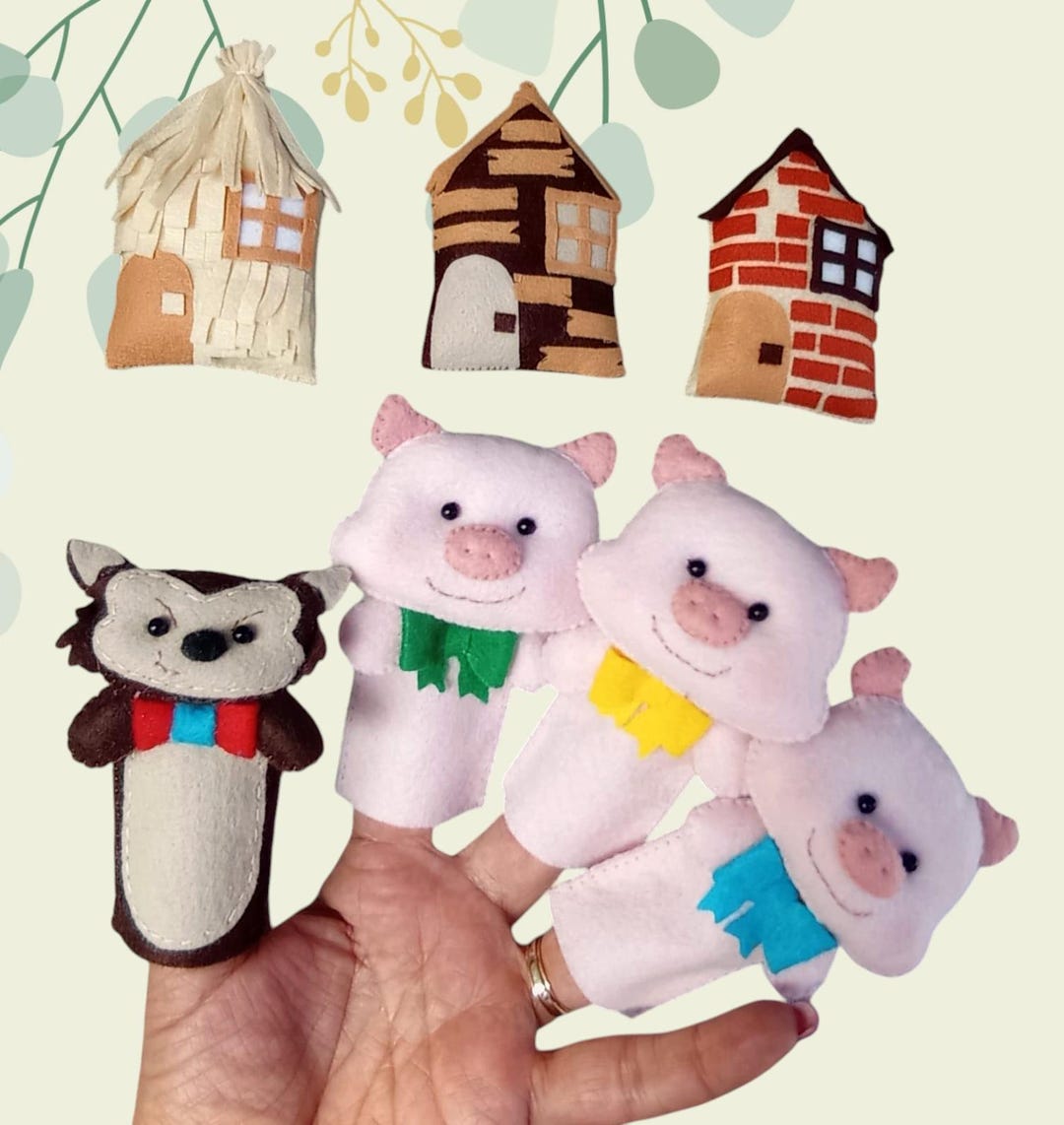 Three Little Pigs Finger Puppets - Handmade Felt Storytelling Set With