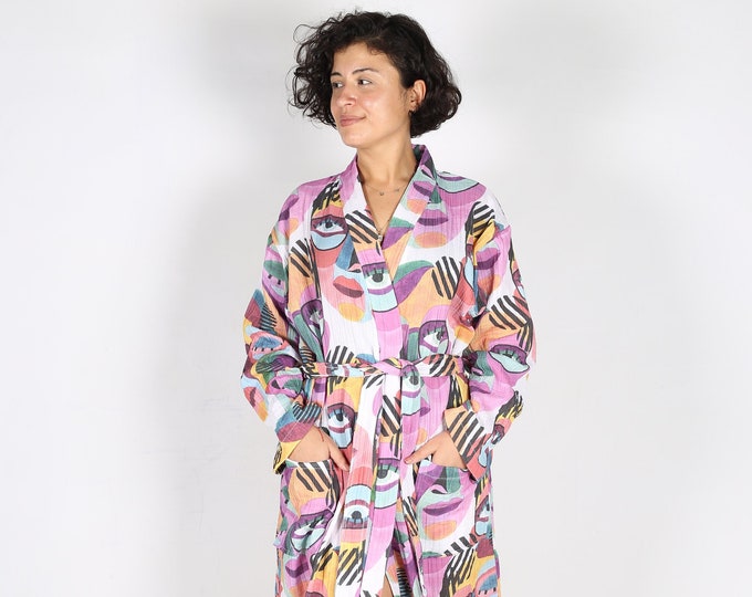 A 100% cotton 2 layers muslin bathrobe / kimono / Absorbent Gauze Bathrobe / Soft Kimono / Soft Bathrobe