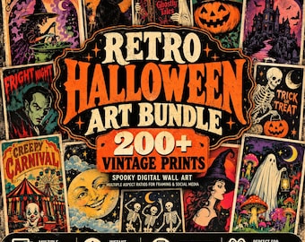 May include: A digital art bundle featuring over 200 vintage-style Halloween prints. The collection includes illustrations of witches, black cats, ghosts, jack-o'-lanterns, haunted houses, skeletons, clowns, and moons with text like Witches Brew.