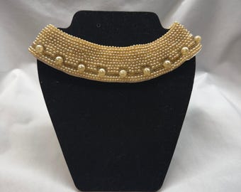 Vintage Faux Pearl Beaded Collar Choker Necklace Made in Japan Cream Bib 17"