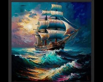 May include: A painting of a ship sailing on a stormy sea at sunset. The ship has white sails and a dark hull. The sea is a deep blue with whitecaps and the sky is a mix of orange, pink, and blue.