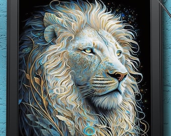 White Lion | Digital Art Print, Wall Art, AI Generated, AI Art, Digital Download, Home Decor, Printable