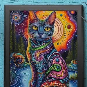 Psychedelic Cat | Digital Art Print, Wall Art, AI Generated, AI Art, Digital Download, Home Decor, Printable