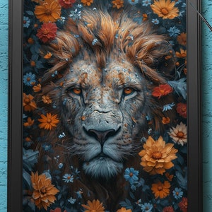 Floral Lion | Digital Art Print, Wall Art, AI Generated, AI Art, Digital Download, Home Decor, Printable