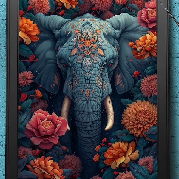Floral Elephant | Digital Art Print, Wall Art, AI Generated, AI Art, Digital Download, Home Decor, Printable