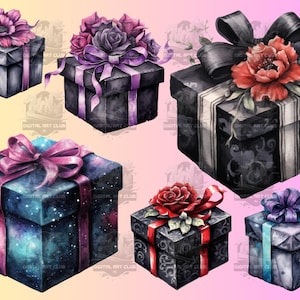 28 Gothic Gift Boxes Clipart | Watercolor, Floral, Dark Fantasy, Galaxy | Digital PNG Clip Art, 300 DPI, Digital Download, Commercial Use
