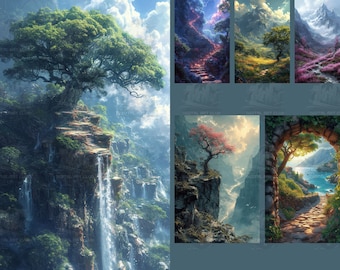 May include: A digital painting of a lush green forest with a large tree growing on a cliff. There are waterfalls cascading down the cliff face. The sky is blue with white clouds.