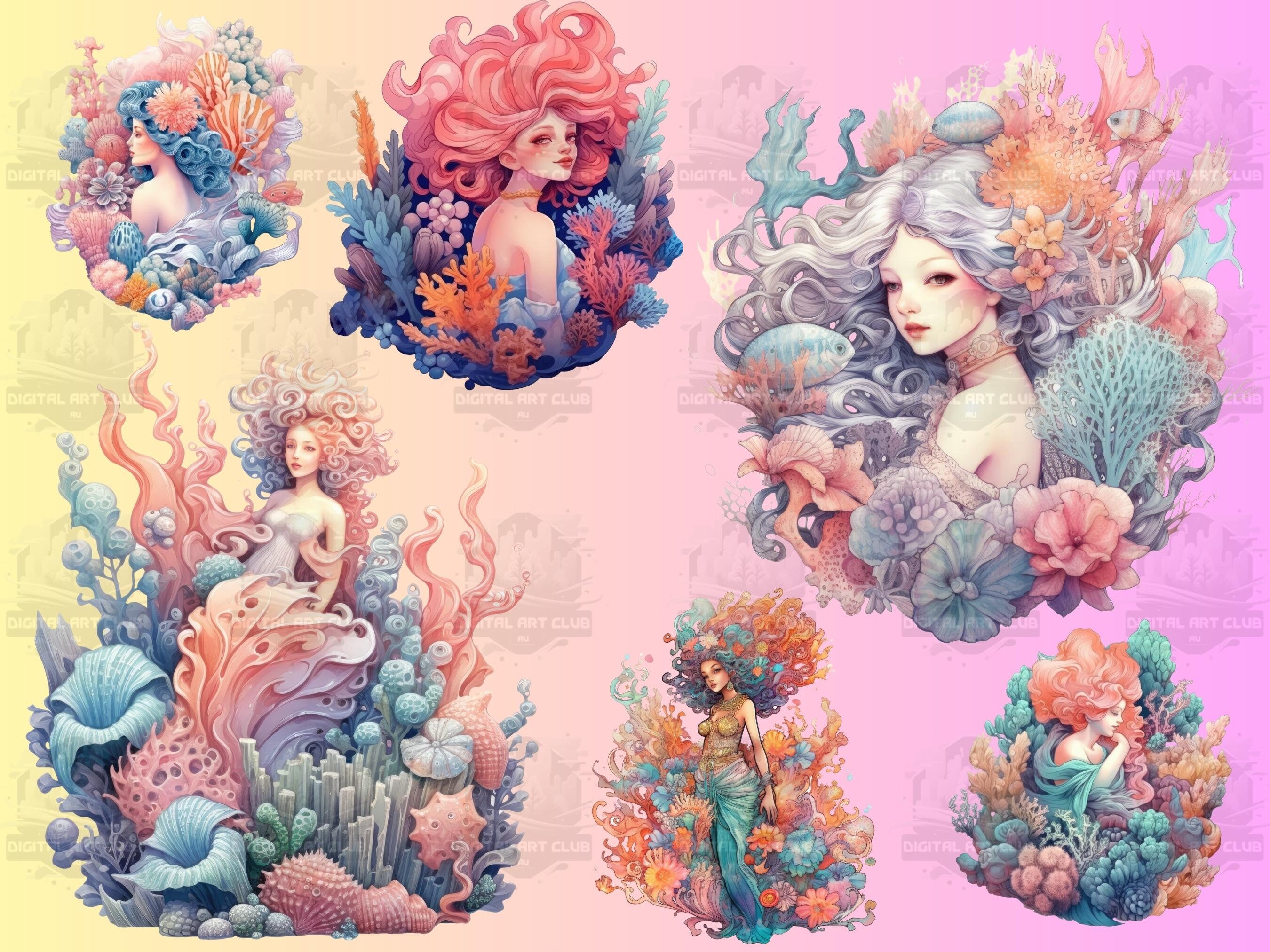 26 Watercolor Mermaid Clipart Floral, Fantasy, Magical Digital PNG Clip ...