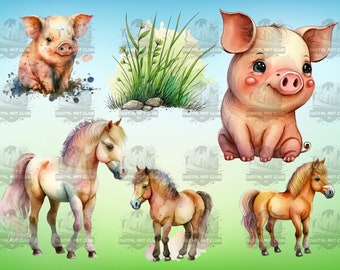 28 Watercolor Farm Animals Clipart | Cute, Fun, Adorable | Digital PNG Clip Art, Clear Background, Digital Download, Commercial Use