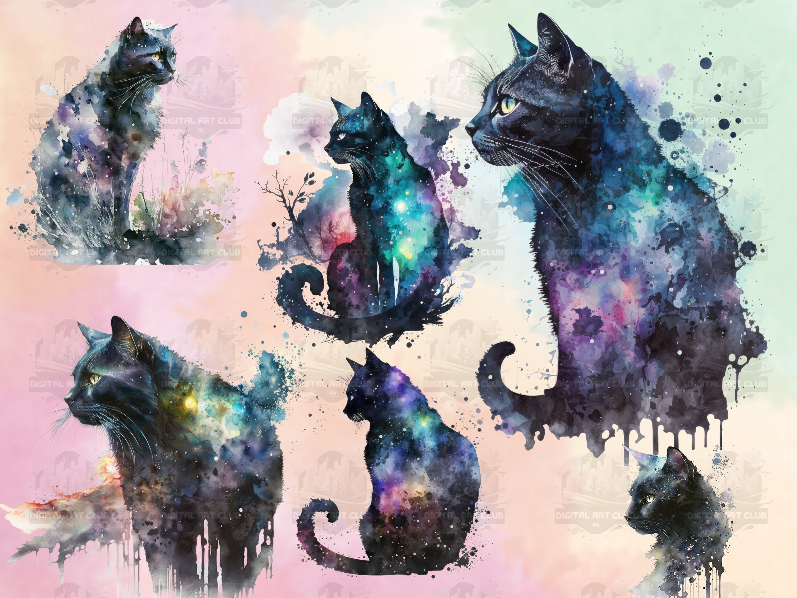 32 Watercolor Black Cat Clipart Digital PNG Clip Art 300 - Etsy