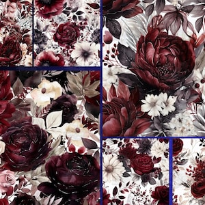 14 carte digitali con fiori bordeaux, scrapbooking, sfondo floreale, motivo senza soluzione di continuità, stampabile, download immediato