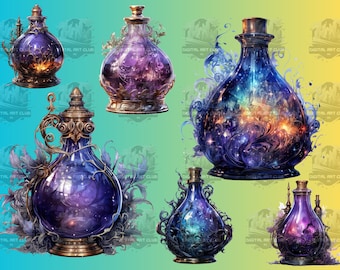 Può includere: Cinque bottiglie di vetro ornate con dettagli dorati e tappi. Ogni bottiglia contiene una galassia di stelle e nebulose vorticose. Le bottiglie sono posizionate su uno sfondo sfumato blu e giallo.