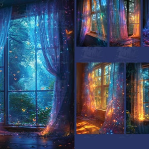 May include: A window with sheer curtains, glowing with a magical light. The window looks out onto a forest scene with a blue and green color scheme.  The curtains are adorned with sparkling lights and butterflies.