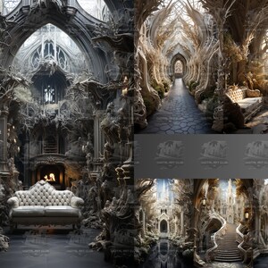 May include: A digital illustration of a gothic cathedral interior with a white couch, a fireplace, and a long hallway with a stone path.