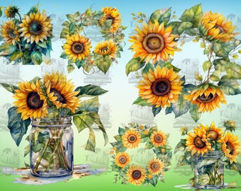 25 Watercolor Sunflowers Clipart | Digital PNG Clip Art, Transparent Background | Floral, Natural | Digital Download, Commercial Use