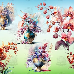 32 Watercolor Orchid Clipart | Digital PNG Clip Art, Transparent Background | Floral, Fantasy, Colorful | Digital Download, Commercial Use