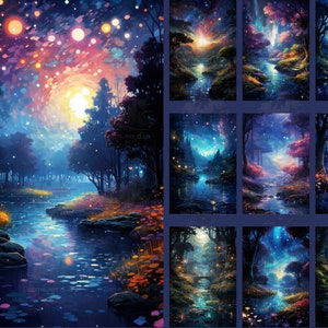 May include: A collection of digital art prints depicting serene forest scenes with a river. The artwork features a vibrant color palette of blues, purples, and oranges, with glowing orbs and starry skies. The prints evoke a sense of fantasy and tranquility.