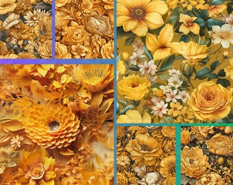 12 Yellow Flowers Digital Papers, Scrapbooking, Flowers Background, Seamless Pattern, Printable, Instant Download