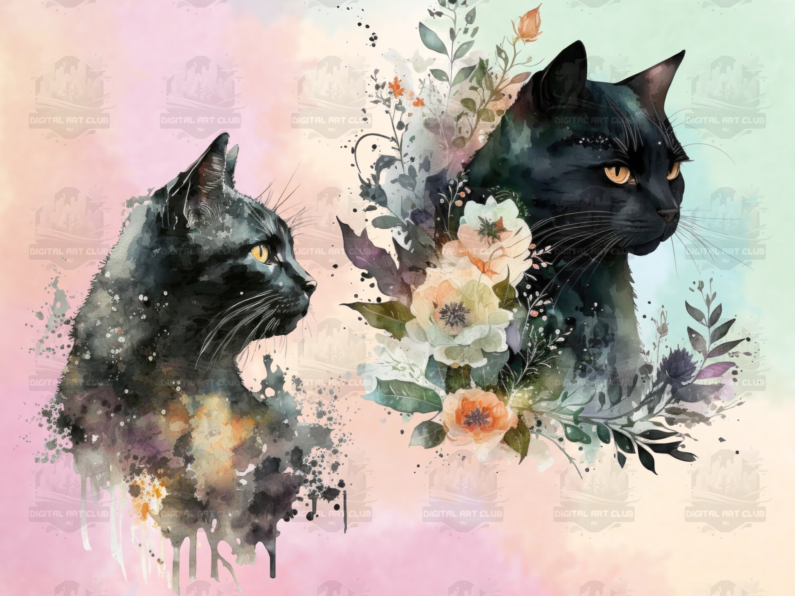 32 Watercolor Black Cat Clipart Digital PNG Clip Art 300 - Etsy