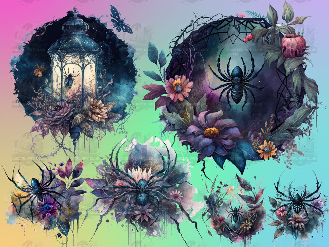 30 Watercolor Gothic Spider Clipart | Floral, Dark Fantasy, Mystical ...