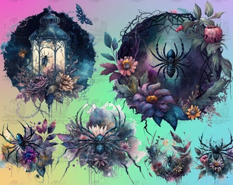 30 imágenes prediseñadas de araña gótica acuarela / floral, fantasía oscura, mística / PNG digital Clip Art, 300 DPI, descarga digital, uso comercial