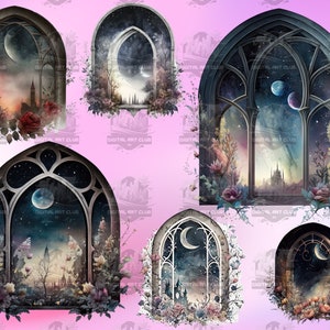 32 Watercolor Gothic Arched Window Clipart | Dark Fantasy, Celestial | Digital PNG Clip Art, 300 DPI, Instant Download, Commercial Use