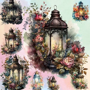 25 Watercolor Floral Vintage Lantern Clipart | Fantasy, Surreal | Digital PNG Clip Art, Transparent BG, Instant Download, Commercial Use