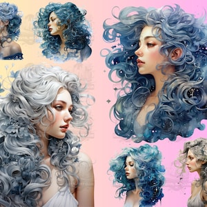 26 Watercolor Ethereal Hair Clipart | Floral, Fantasy | Digital PNG Clip Art, Transparent Background, Instant Download, Commercial Use