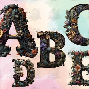 26 Dark Fantasy Alphabet Letters Clipart | Floral, Fairy, Gothic | Digital PNG Clip Art, 300 DPI, Digital Download, Commercial Use