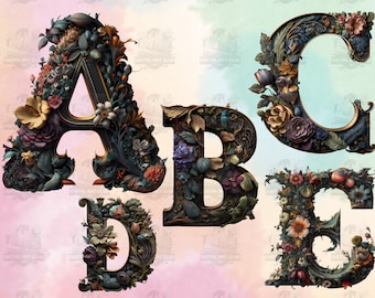 26 Dark Fantasy Alphabet Letters Clipart | Floral, Fairy, Gothic | Digital PNG Clip Art, 300 DPI, Digital Download, Commercial Use