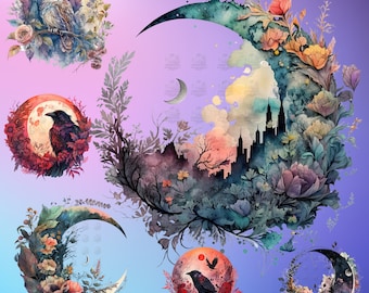 26 Watercolor Floral Moon Clipart | Fantasy,Galaxy | Digital PNG Clip Art, 300 DPI, Transparent Background, Instant Download, Commercial Use